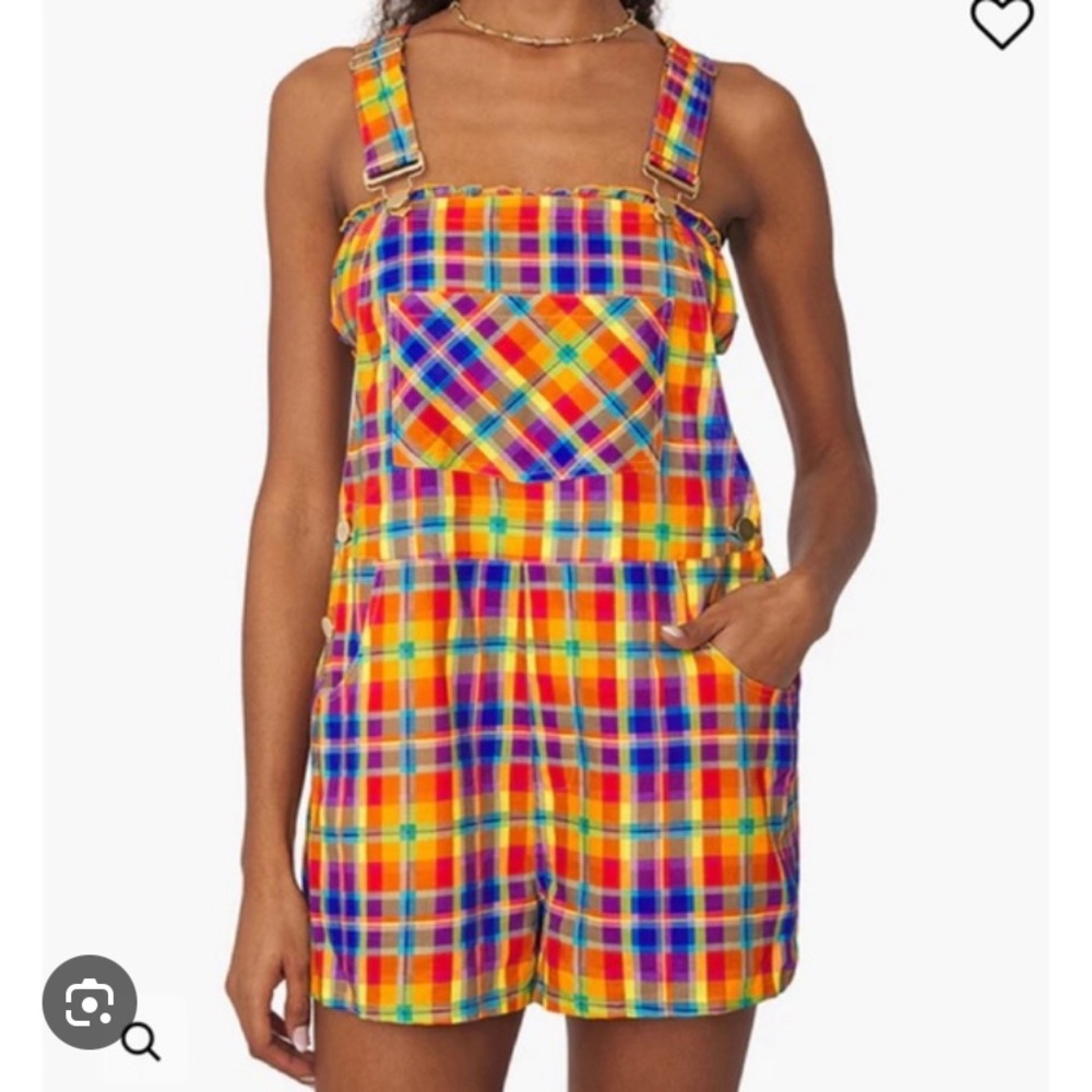 WeWoreWhat Rainbow Plaid Overall Shorts Romper NWT Large